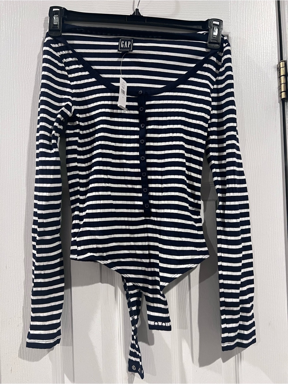 GAP Navy and White Striped Ribbed Button-Front Bodysuit
